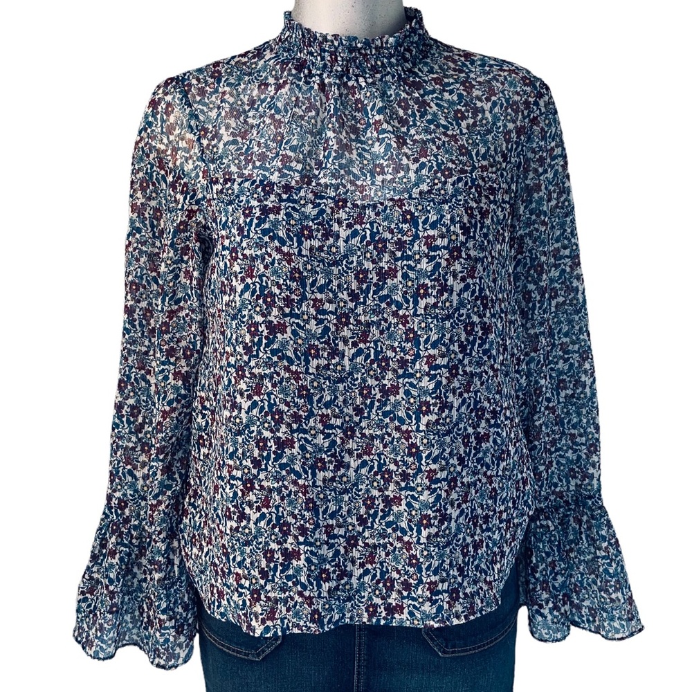 Peasant Dixie Floral Blouse Lagenlook Mock Neck Long Bell Sleeve Whimsigoth Mesh